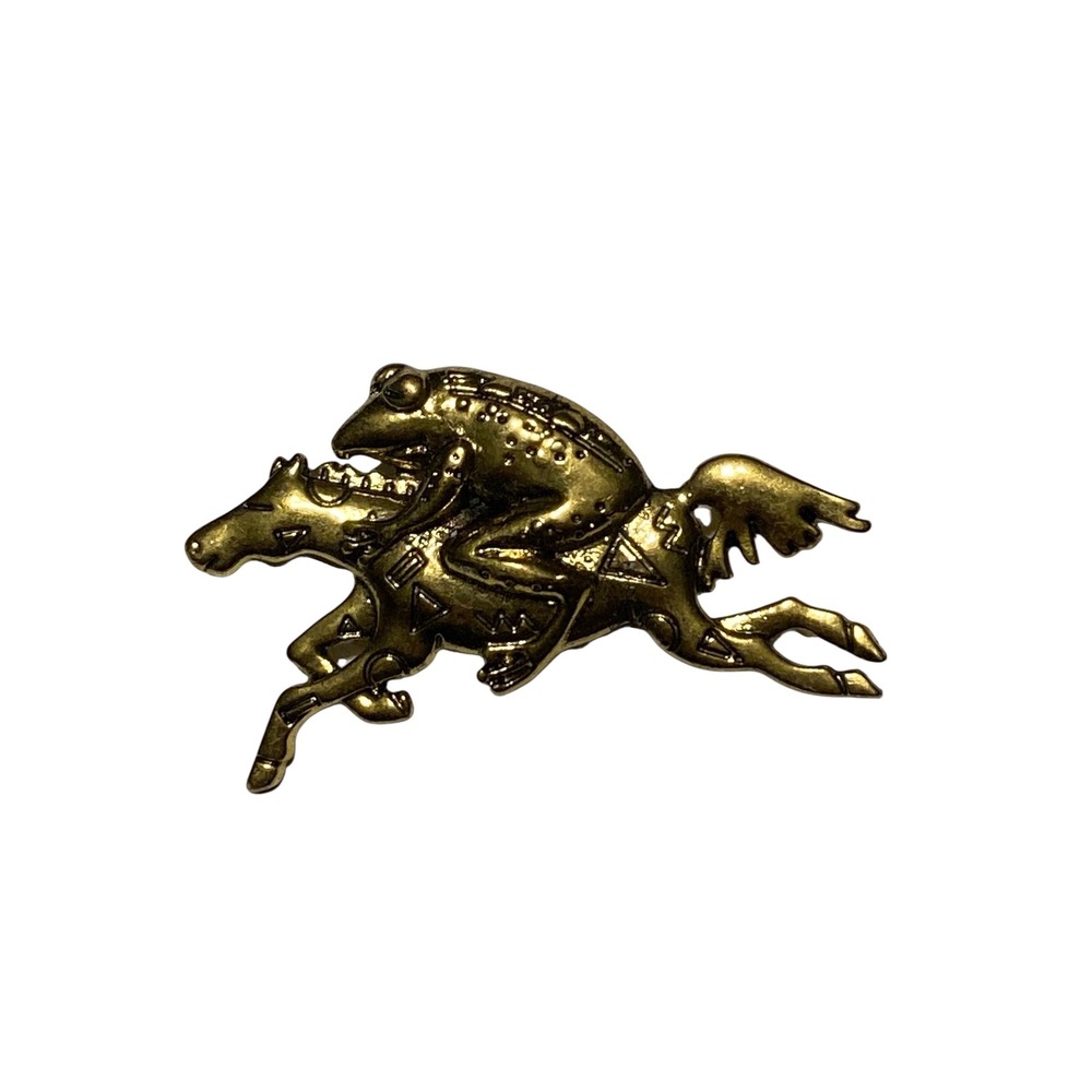 Gold Tone Frog Riding Horse Brooch Pin Animal Jewelry 2 Inch